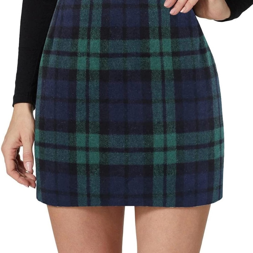Wool Plaid Mini Pencil Body-con Pencil Skirt